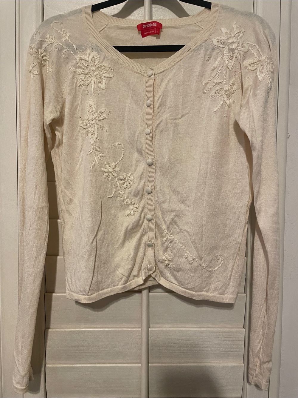 white embroidered button-front cardigan sweater